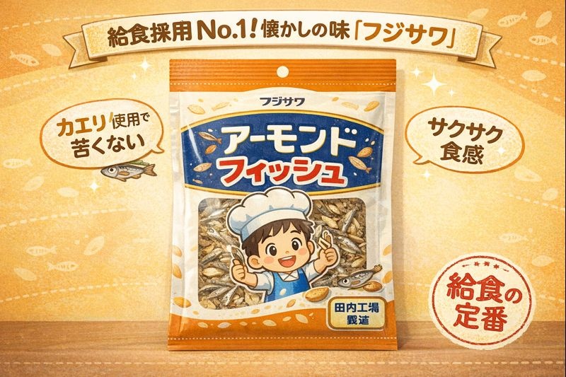 学校給食でおなじみのフジサワ製アーモンドフィッシュのパッケージ。キャラクターのばんのうくんが描かれている。