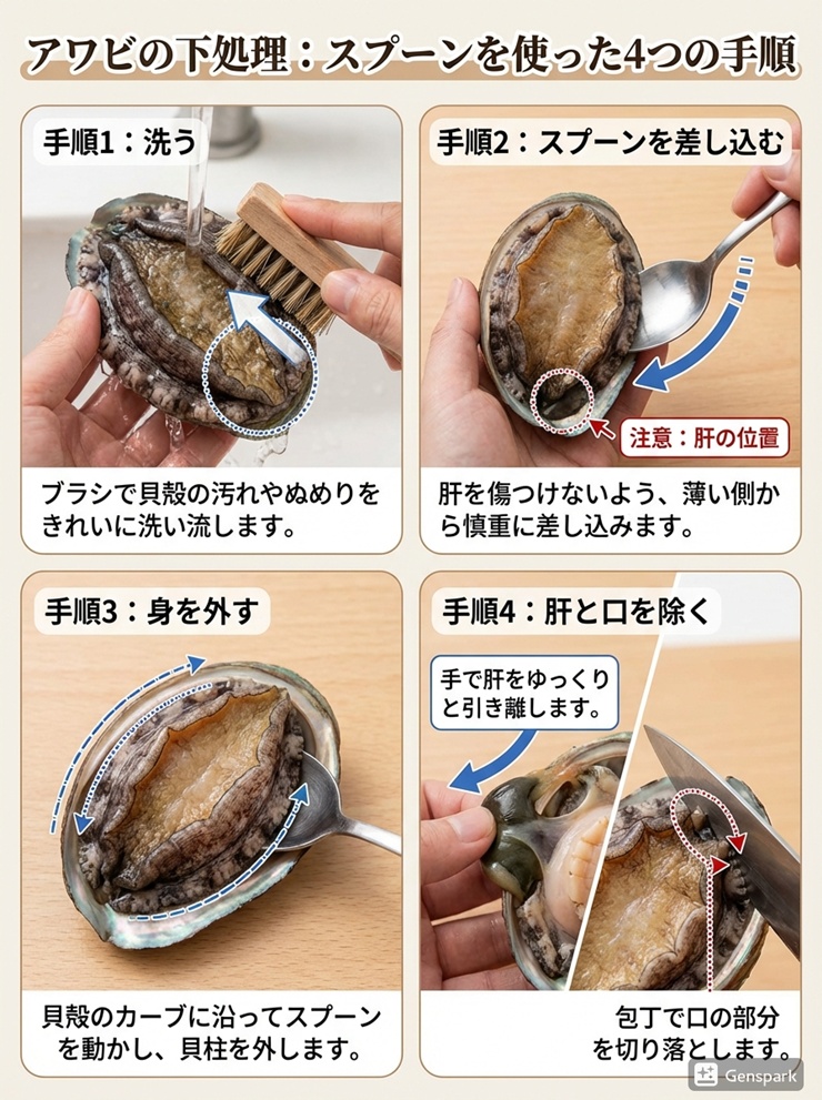 アワビの殻の薄い方からスプーンを入れ、貝柱を剥がす手順を示した4段階の図解。