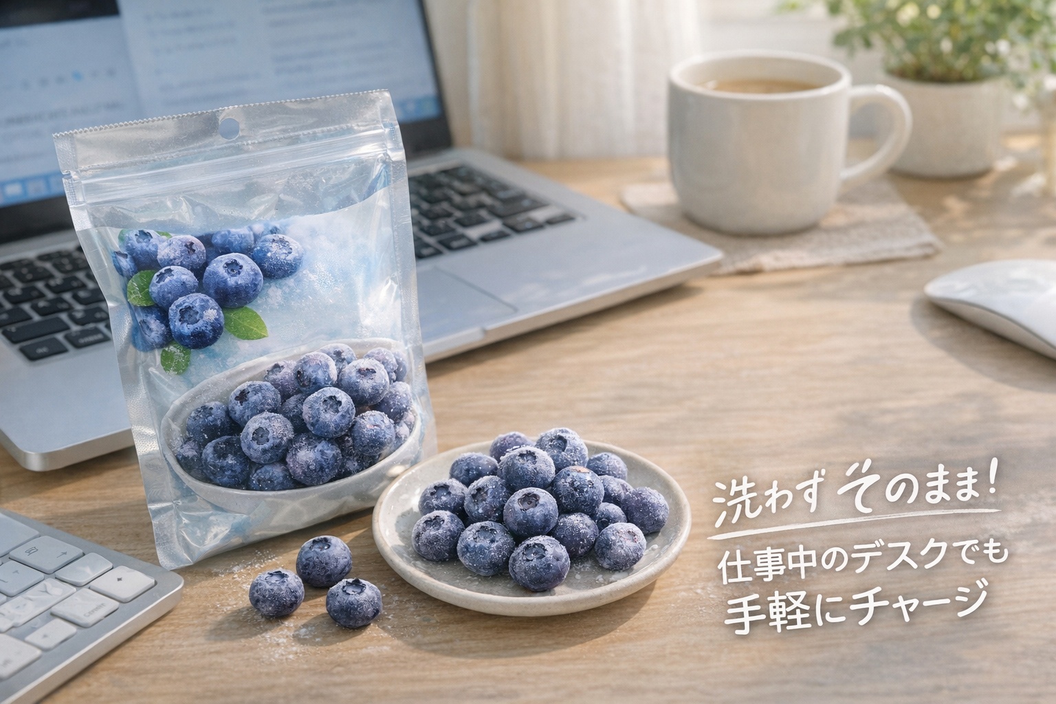 コンビニの冷凍ブルーベリーを袋から出してそのまま食べる様子のイメージ写真
