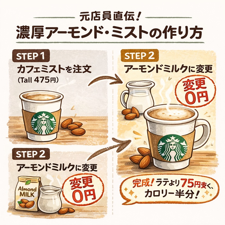 カフェミストをアーモンドミルク変更・ミルク多めで注文する手順を図解したインフォグラフィック