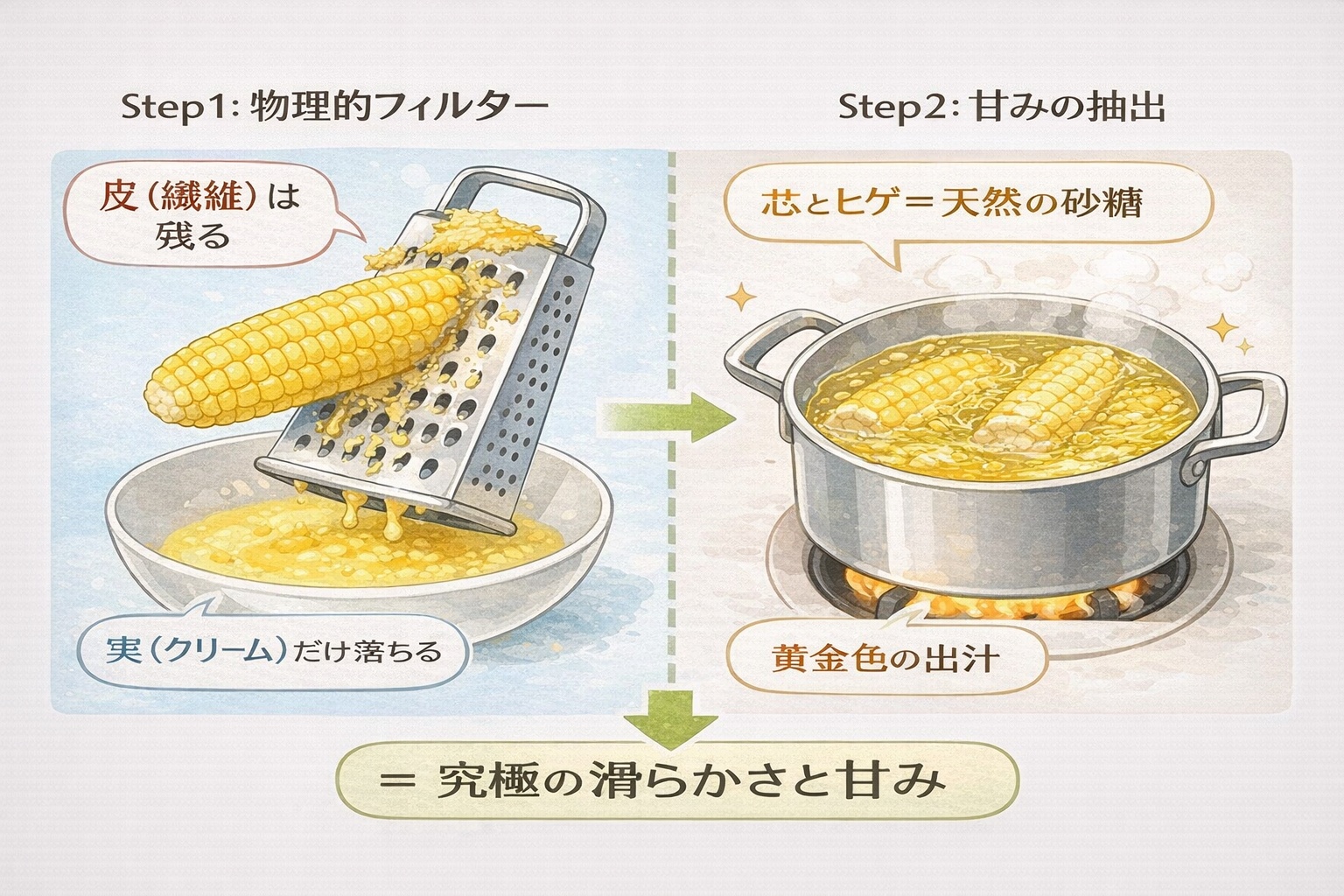 生のとうもろこしをおろし金ですりおろして皮を取り除く仕組みと、芯とヒゲを煮出して出汁を取る工程の図解。