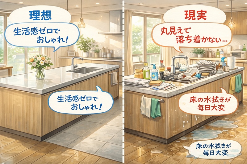 フルフラットキッチンの理想（片付いた状態）と現実（物が散乱し水はねがある状態）の比較イラスト