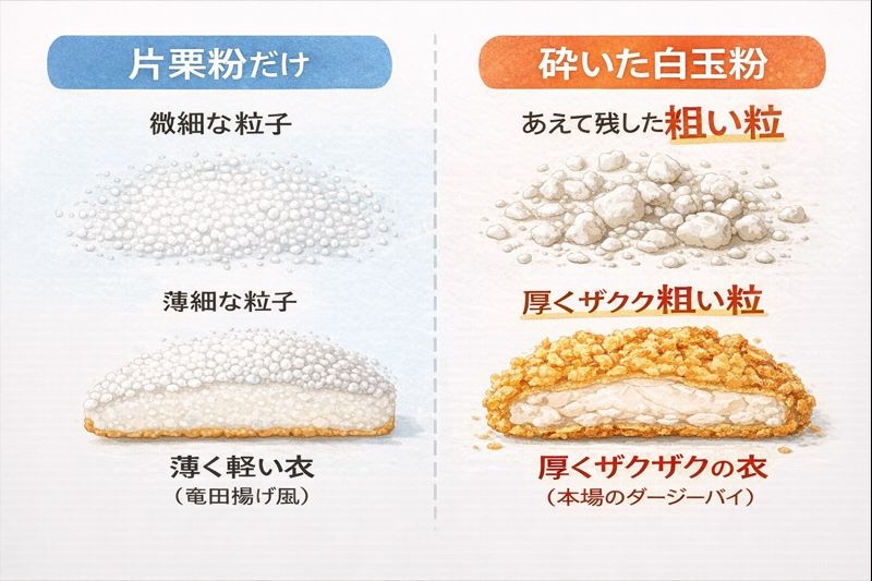片栗粉の微細な粒子と、地瓜粉や砕いた白玉粉の粗い粒子の比較イラスト。粒の大きさが揚げ上がりの食感（サクサク対ザクザク）に直結することを示している。