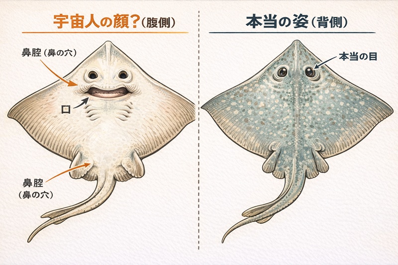 エイの腹側にある鼻腔と口が人の顔に見える仕組みと、背側にある本当の目の位置を示した解剖図。