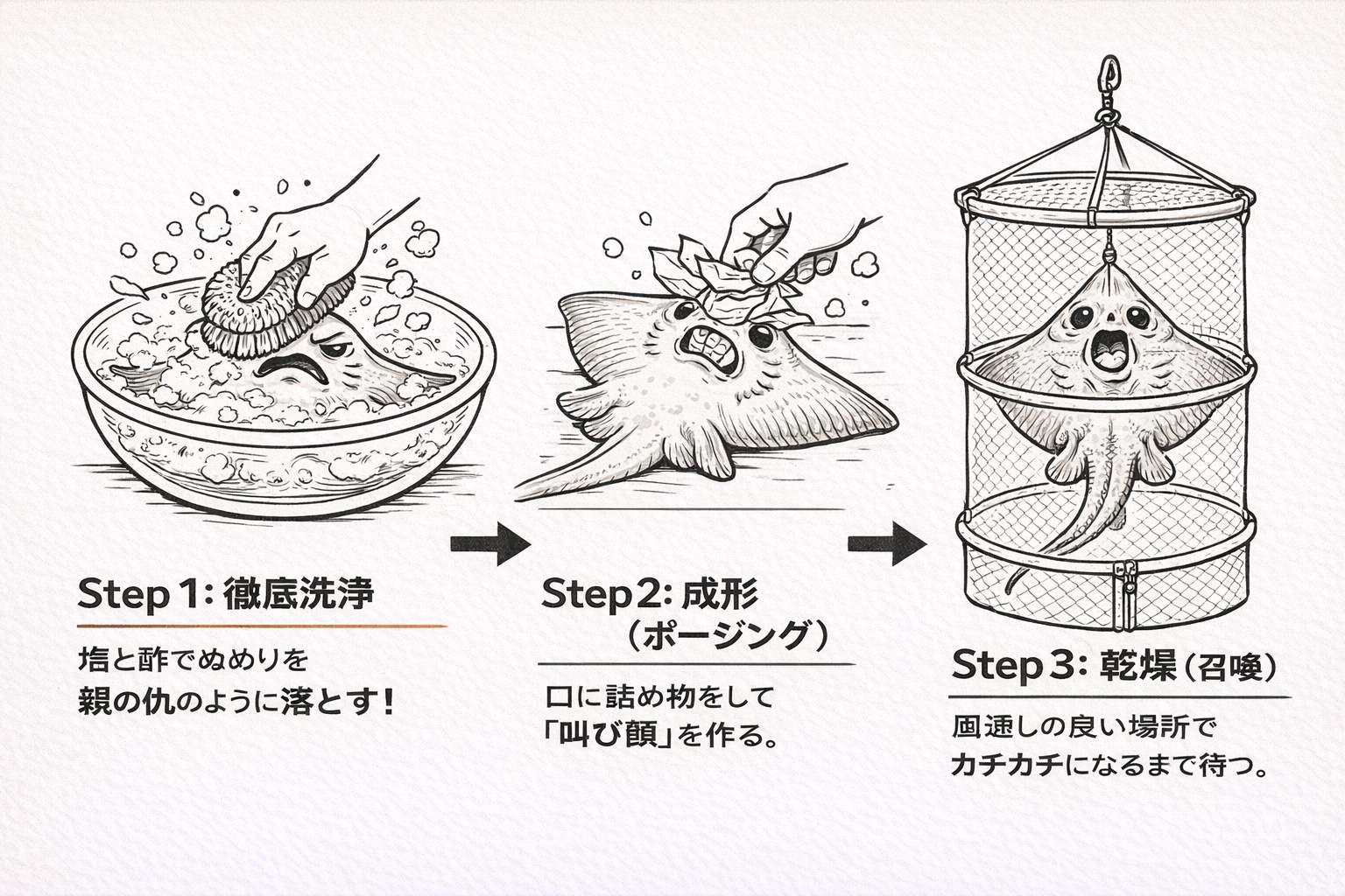 エイのぬめりを取る洗浄工程、口に詰め物をする成形工程、干し網で乾燥させる工程を描いたステップバイステップ図解。