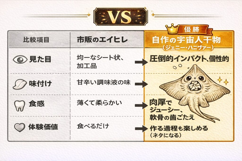 市販のエイヒレ vs 自作の宇宙人干物