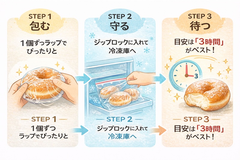 エンゼルクリームをラップで包み、冷凍庫で3時間冷やしてシューアイス風にする手順を図解したイラスト。