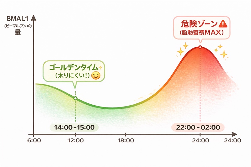BMAL1の分泌量が午後3時に最も少なく、夜10時以降に急増することを示したグラフ。