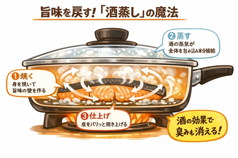 フライパンの中で酒の蒸気が対流し、ホッケの身をふっくらさせている図解。