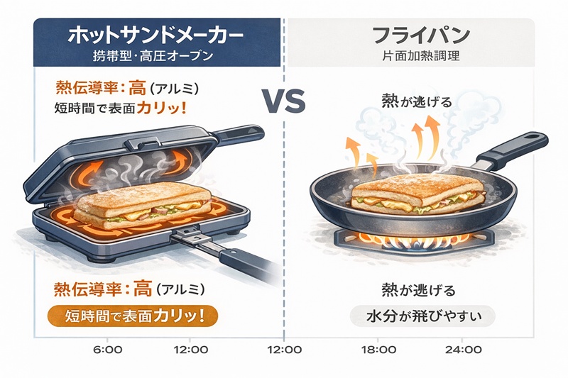 ホットサンドメーカーとフライパンの熱伝導率と調理効果を比較するインフォグラフィック。アルミ製メーカーは短時間でカリッと仕上げる。