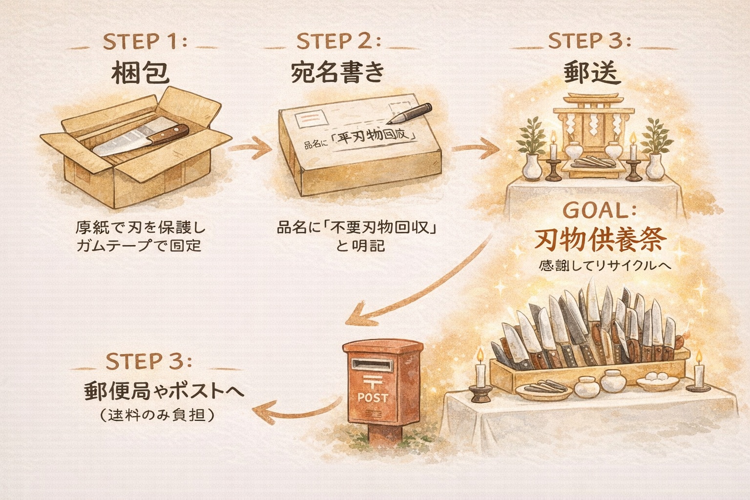 不要な包丁を梱包し、宛名を書いて岐阜県関刃物産業連合会へ郵送するまでの3ステップと、その後の供養祭の流れを図解したイラスト。