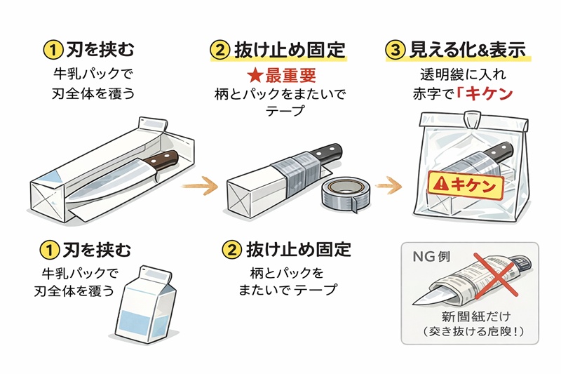 牛乳パックで包丁の刃を挟み、ガムテープで柄と固定し、透明袋に入れてキケンと表示するまでの安全な梱包手順のイラスト。