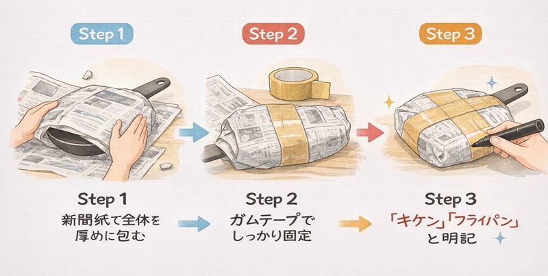 フライパンの捨て方を判断するフローチャート。サイズ計測と自治体ルールの確認を経て、不燃ゴミか粗大ゴミかを判定する手順。