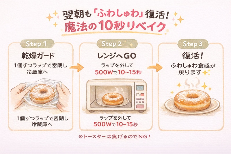 アイムドーナツを翌日美味しく食べるためのリベイク手順。ラップで包んで冷蔵保存し、食べる直前に電子レンジ500Wで10秒温めるイラスト。