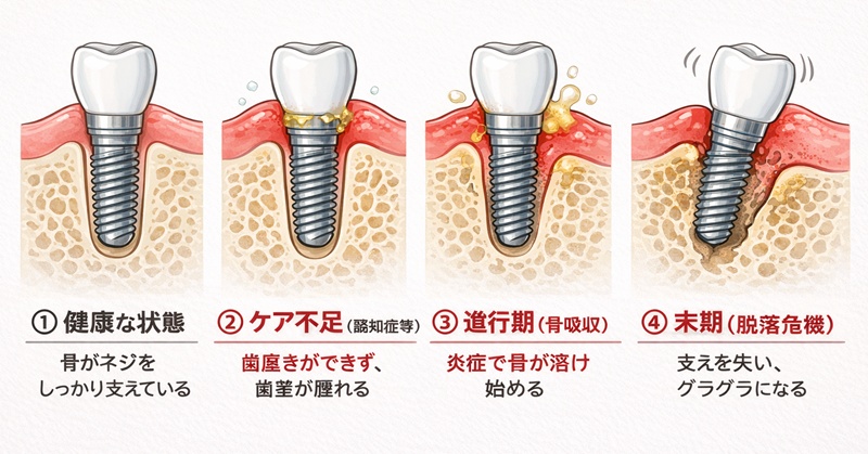 インプラント周囲炎が進行し、顎の骨が溶けていく過程を示した図解。認知症によるケア不足がリスク要因となる。