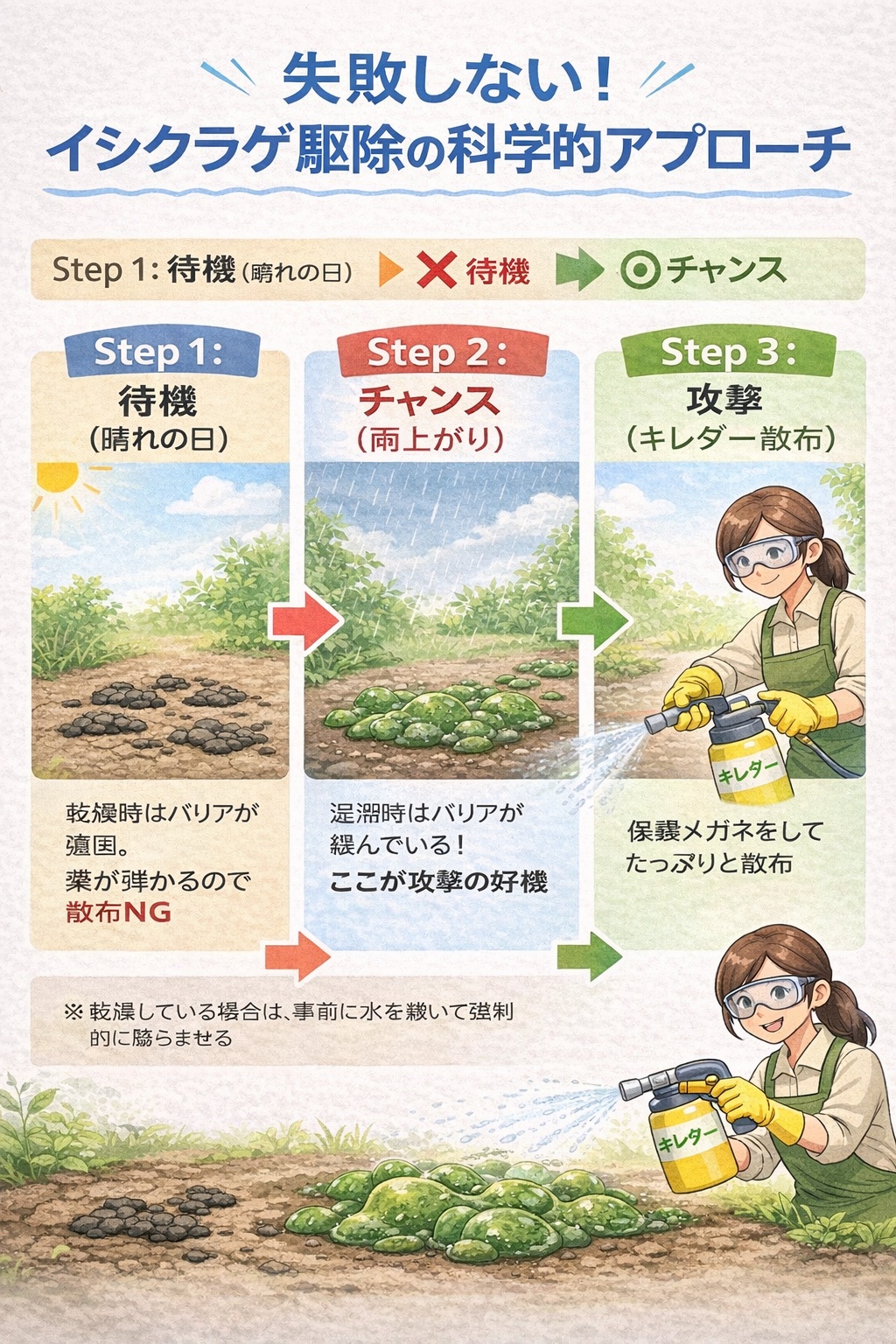 イシクラゲ駆除の最適なタイミングを示すフロー図。乾燥時は効果が薄く、雨上がりや散水後の湿った状態での薬剤散布が効果的であることを図解。