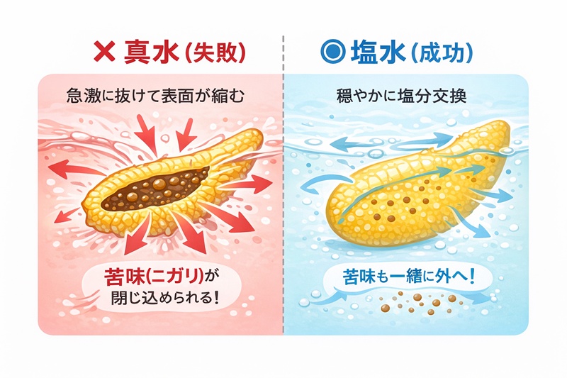 真水での塩抜きは苦味が残る一方、塩水での塩抜き（呼び塩）は苦味成分までしっかり抜けることを示した比較イラスト。