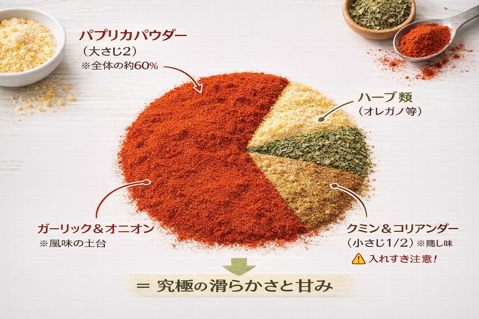 ケイジャンチキンのスパイス配合円グラフ。パプリカパウダーを全体の6割、クミンは1割以下に抑えることがポイント。