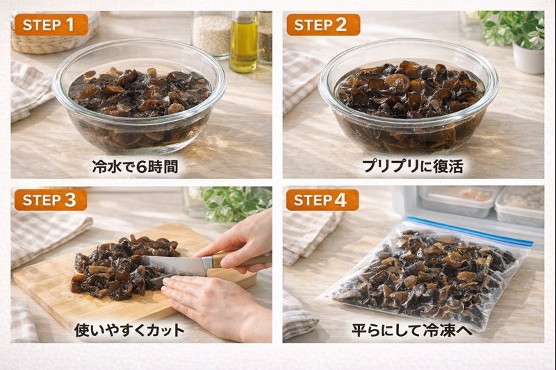 乾燥きくらげを水で戻し、カットして冷凍保存袋に入れるまでの手順写真。