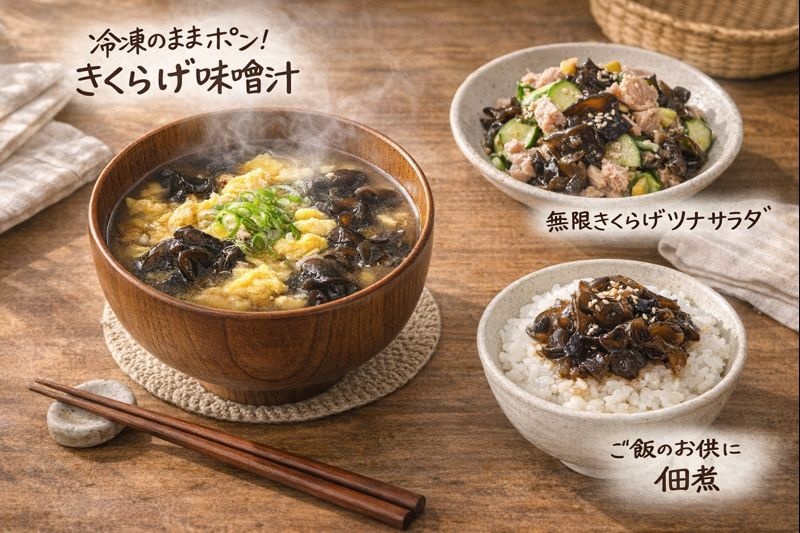 きくらげを使った味噌汁、サラダ、佃煮の盛り付け例。