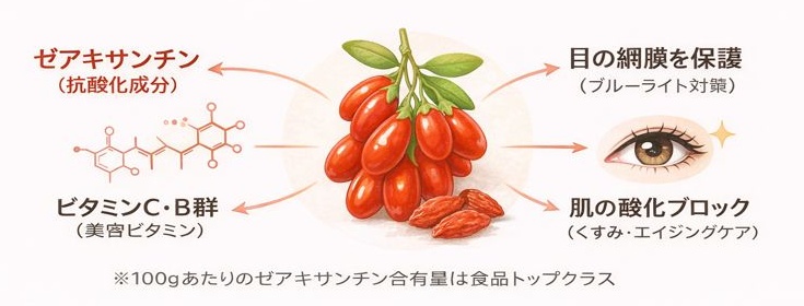 クコの実の栄養成分図解。ゼアキサンチンが目の網膜を保護し、ビタミンCが肌の酸化を防ぐメカニズム。

