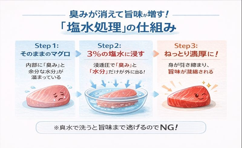 塩水処理による浸透圧効果の図解。塩水に浸すことで臭み成分が抜け、身が引き締まる様子。