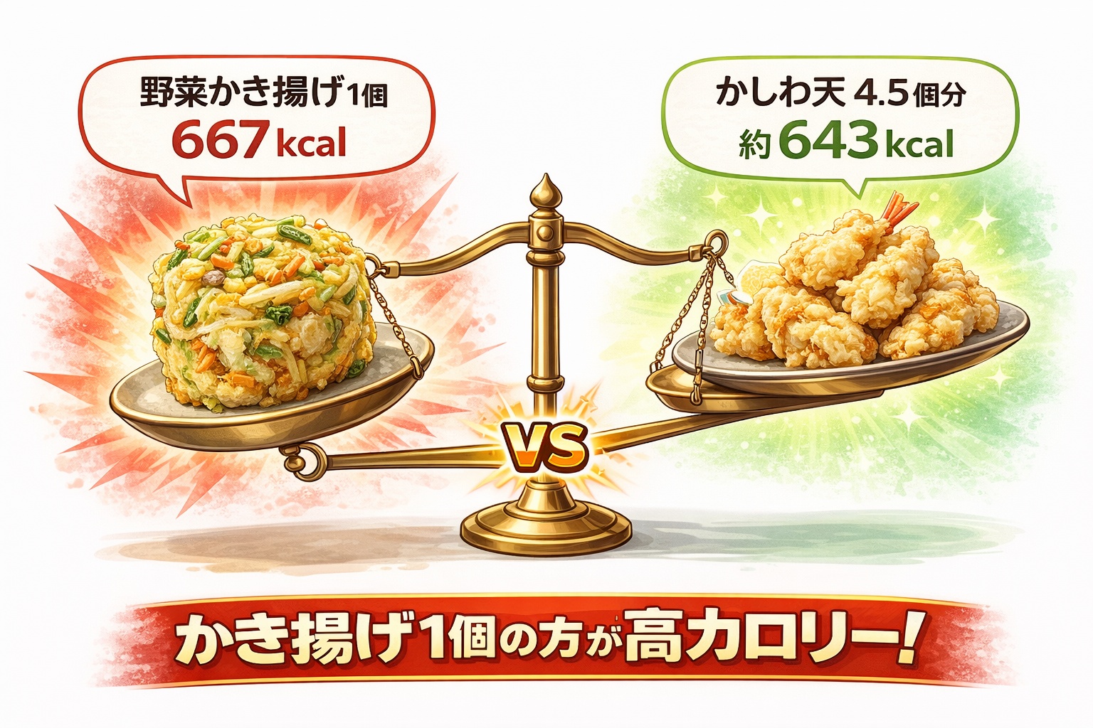 野菜かき揚げ1個のカロリーは667kcalで、かしわ天4.5個分に相当することを示す天秤のイラスト。