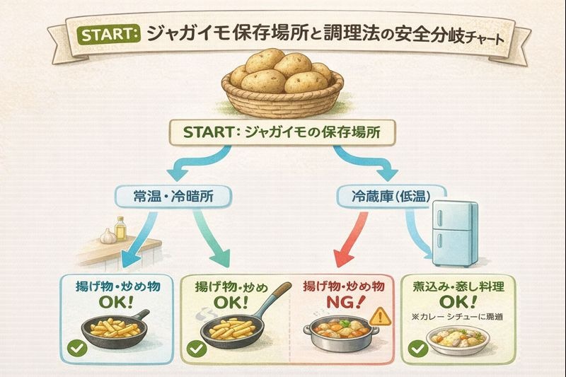 ジャガイモを冷蔵保存した場合、揚げ物調理をするとアクリルアミドが増加するためNG。煮込み料理推奨というフローチャート。