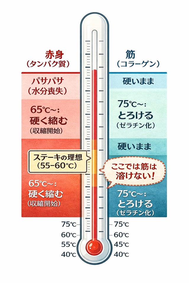 ステーキの適温である60度ではコラーゲンは溶けず、肉は硬くなり始めるという温度ギャップを示したグラフ
