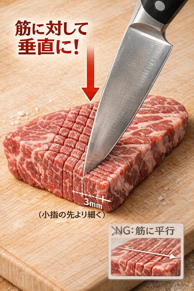 ミスジの筋に対して垂直に、3mm間隔で細かく包丁を入れているイラスト。