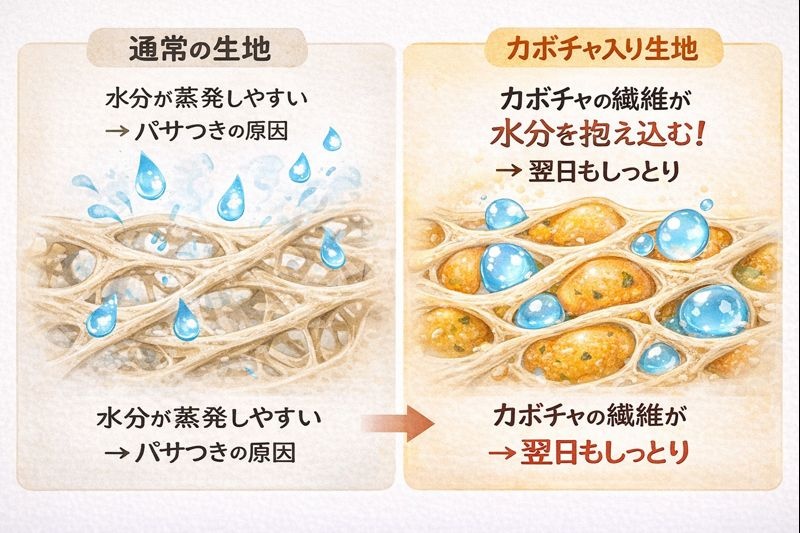 通常のパン生地とカボチャ練り込み生地の水分保持の違いを示したイラスト。カボチャの繊維が水分を抱え込むことでしっとり食感が生まれる仕組み。