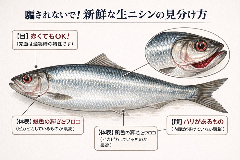 新鮮なニシンの特徴（鮮やかな赤いエラ、銀色の体表）と、避けるべき特徴（茶色いエラ、窪んだ目）を比較したイラスト解説。