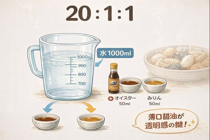 水1000ml、薄口醤油50ml、みりん50mlの比率を示す20:1:1の黄金比図解。