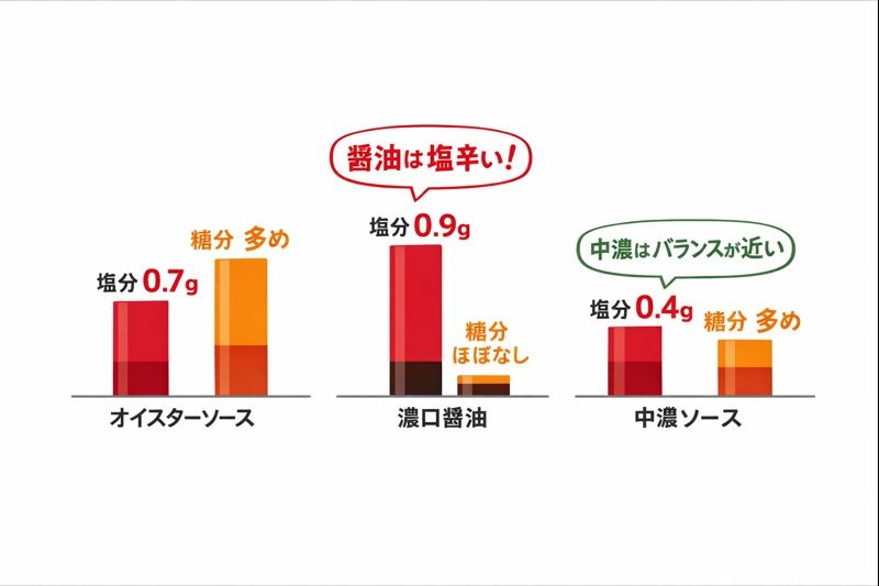 オイスターソース、濃口醤油、中濃ソースの塩分と糖分を比較した棒グラフ。濃口醤油は塩分が最も高く糖分が少ない一方、中濃ソースはオイスターソースと同様に塩分が低く糖分が多いことを示しており、成分的に類似していることがわかる