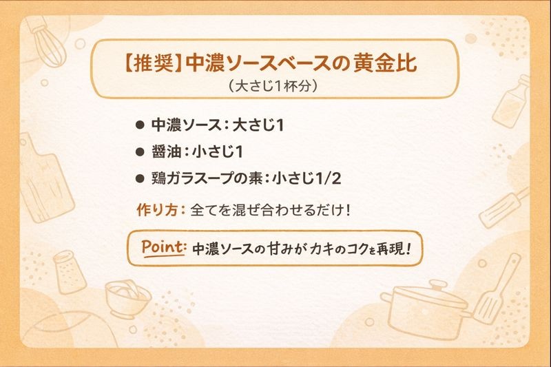 中濃ソースを使ったオイスターソース代用のレシピカード。中濃ソース大さじ1、醤油小さじ1、鶏ガラスープの素小さじ1/2を混ぜるだけで、オイスターソースの旨味と甘みを再現できる黄金比レシピ