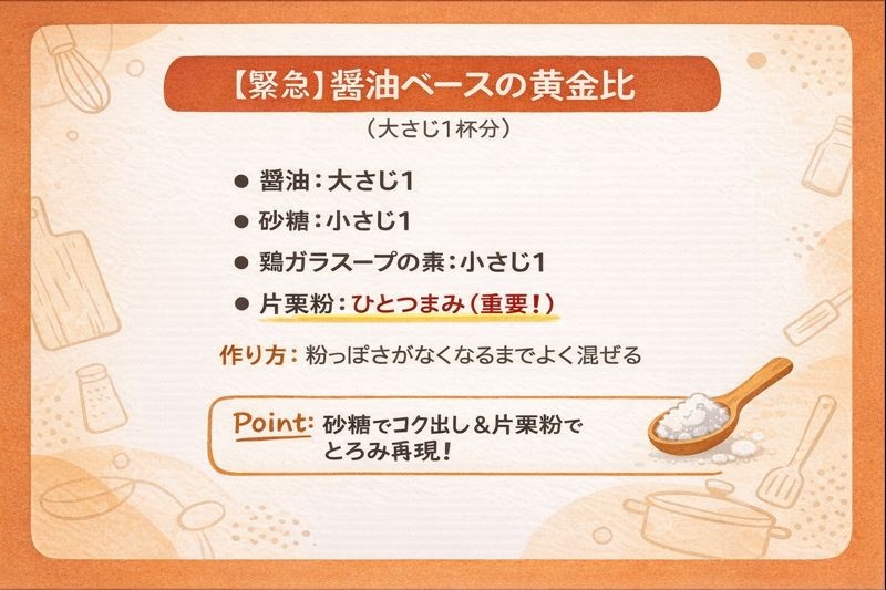醤油ベースのオイスターソース代用レシピ。醤油大さじ1、砂糖小さじ1、鶏ガラスープの素小さじ1、片栗粉ひとつまみを混ぜる。
