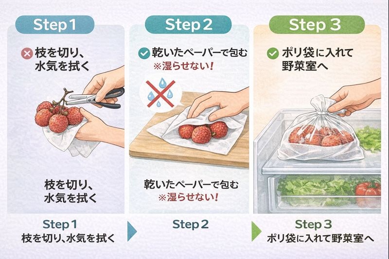 ライチの冷蔵保存手順。1.水気を拭く、2.乾いたキッチンペーパーで包む、3.ポリ袋に入れて野菜室で保存する。