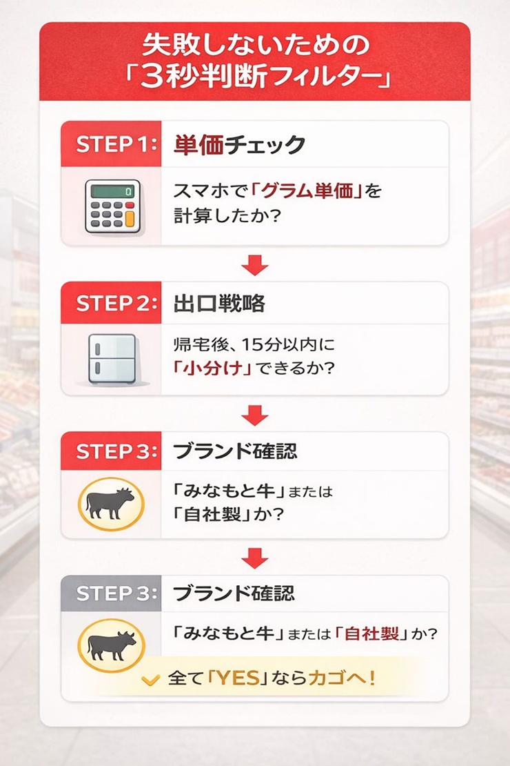 ロピアでの買い物を失敗しないための3ステップ判断フローチャート。単価、保存、ブランドの3点を確認する手順。