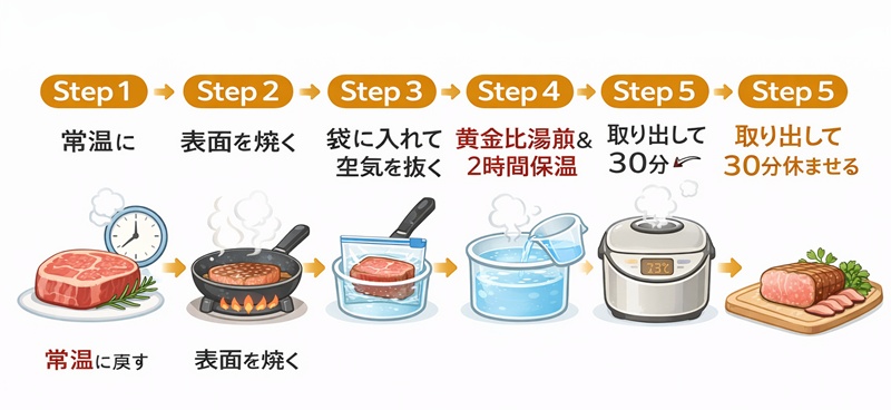 ローストビーフの調理手順5ステップ。常温戻し、焼き、真空、黄金比湯煎、2時間保温、休ませる工程の図解