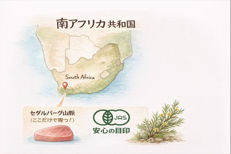 南アフリカの地図上のセダルバーグ山脈と、安全性の証明である有機JASマークのイラスト