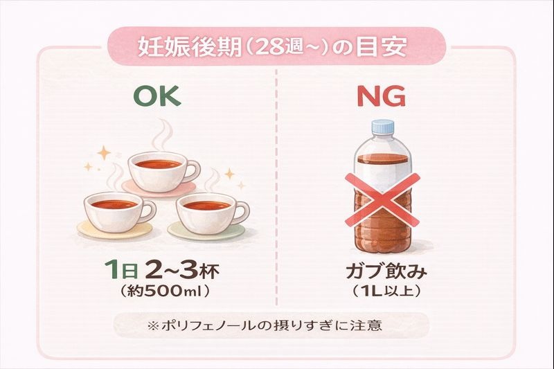 妊娠後期のルイボスティー摂取目安は1日2〜3杯までを示すイラスト