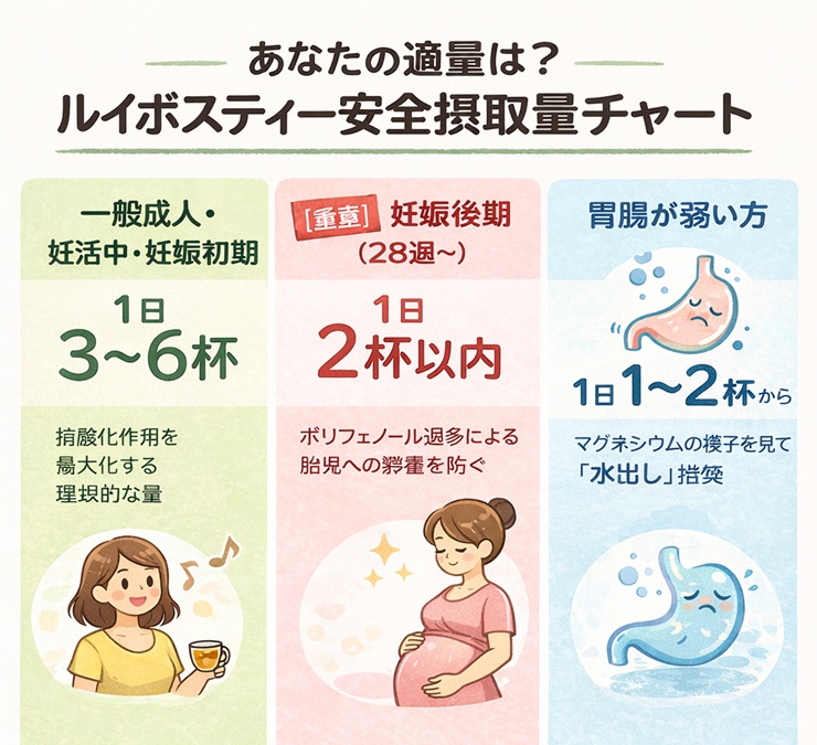 一般成人は1日3〜6杯、妊娠後期は1日2杯以内、胃腸が弱い人は1日1〜2杯から推奨するルイボスティーの摂取量目安表。