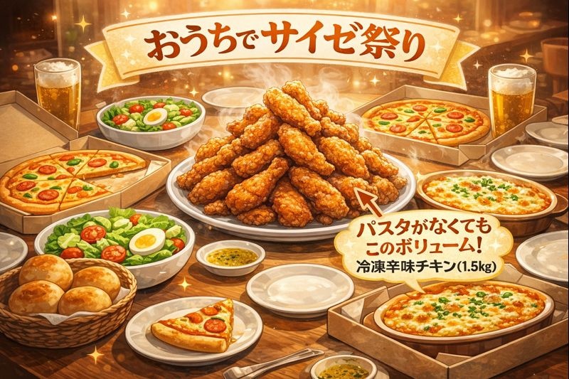 業務用の冷凍辛味チキン1.5kgとピザ、ドリアを並べた豪華な食卓のイメージ。