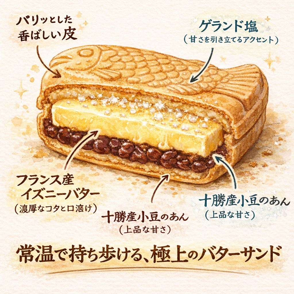 シーラカンスモナカの断面イラスト。たっぷりのバターとあんこが層になり、ゲランド塩がアクセントになっている様子