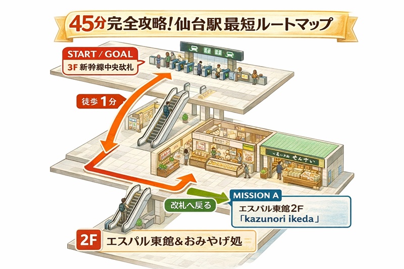 仙台駅3階改札から東館2階を経由して戻る、お土産購入の最短ルート図。