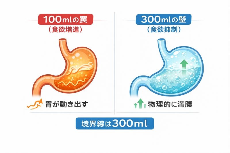 炭酸水を100ml飲んだ時は胃が刺激されて食欲が増進し、300ml以上飲んだ時は胃が膨張して満腹感が生じるメカニズムの比較図。