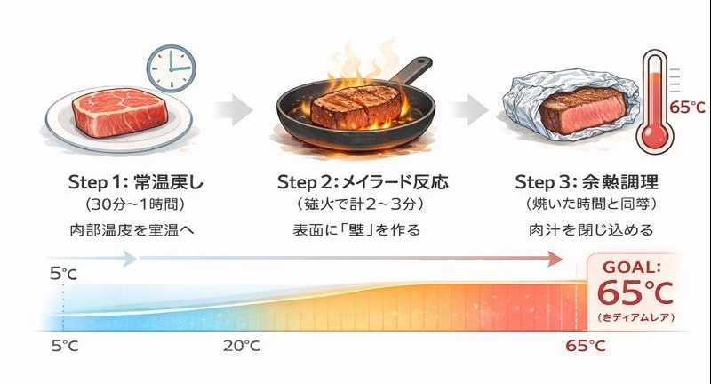 シャトーブリアンの調理フロー図。常温戻し、強火での表面焼き、アルミホイルでの余熱調理を経て、中心温度65℃のミディアムレアに仕上げる工程を示している。