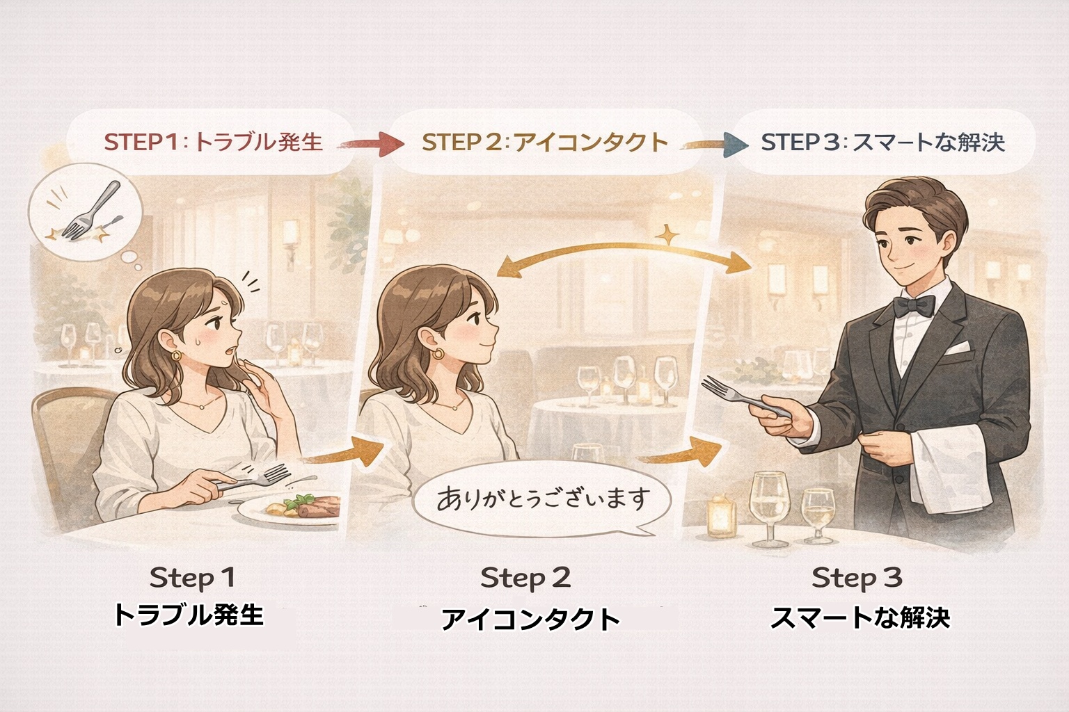 テーブルマナーにおけるゲストとスタッフの連携フロー図。トラブル時にスタッフを頼る流れを解説。