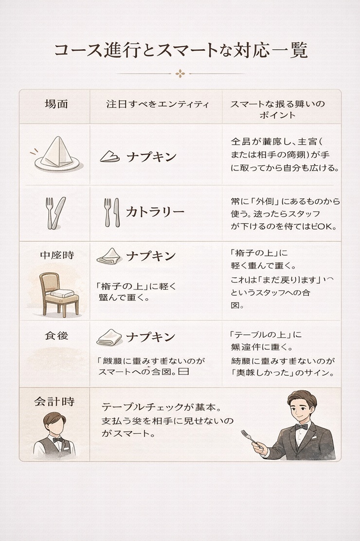 コース進行とスマートな対応一覧