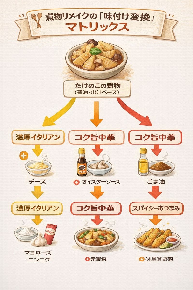 醤油味のたけのこ煮物にオイスターソースを加えると中華風に、チーズを加えると洋風に変化することを示すフロー図。